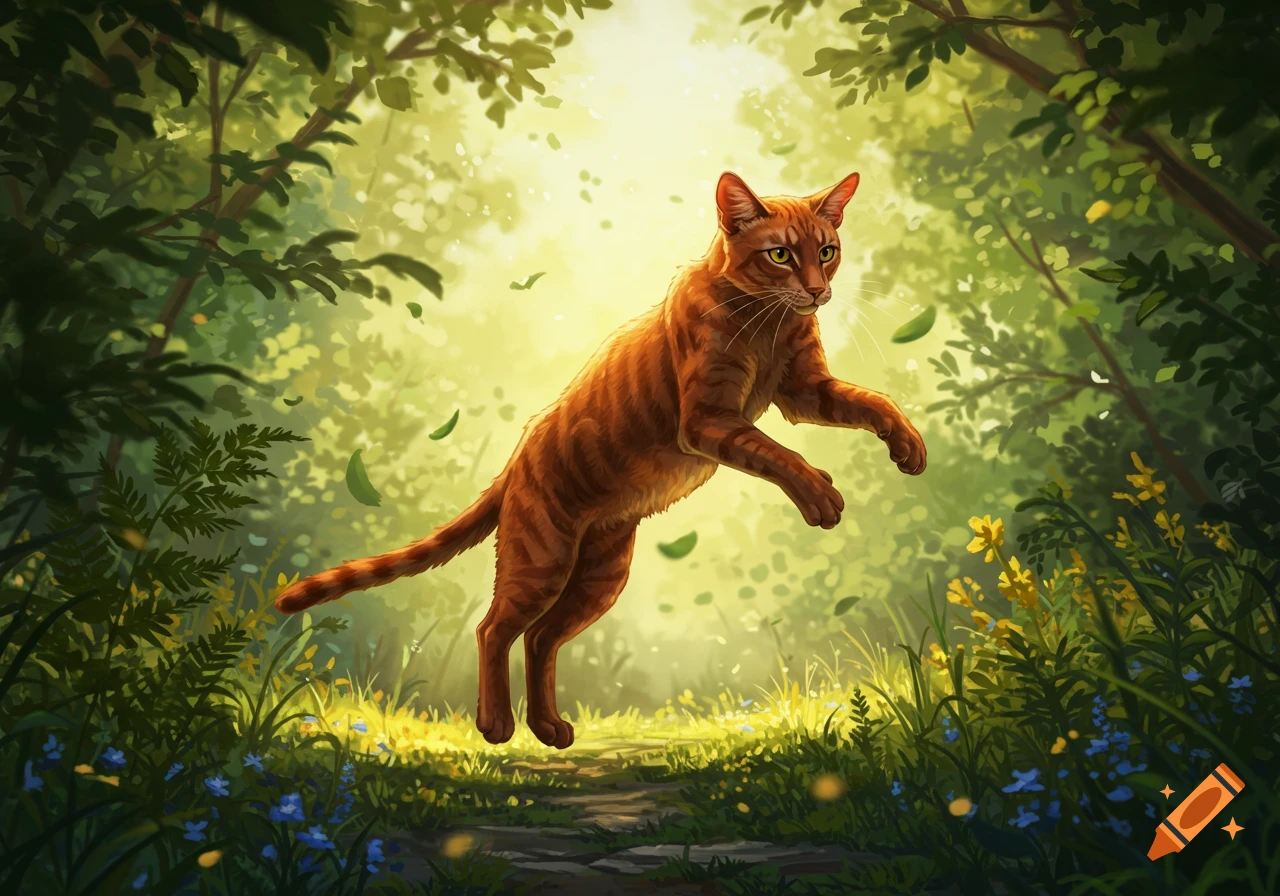 An orange tabby cat leaps dynamically through a sunlit forest, with leaves floating, in a vibrant painted style.