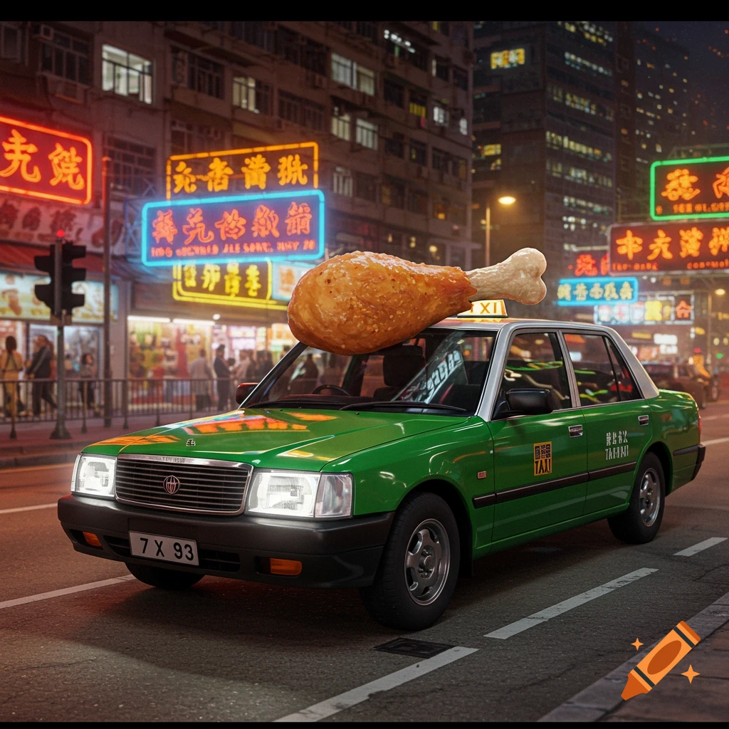 A green Hong Kong taxi with a giant fried chicken leg on its roof drives down a neon-lit city street at night.