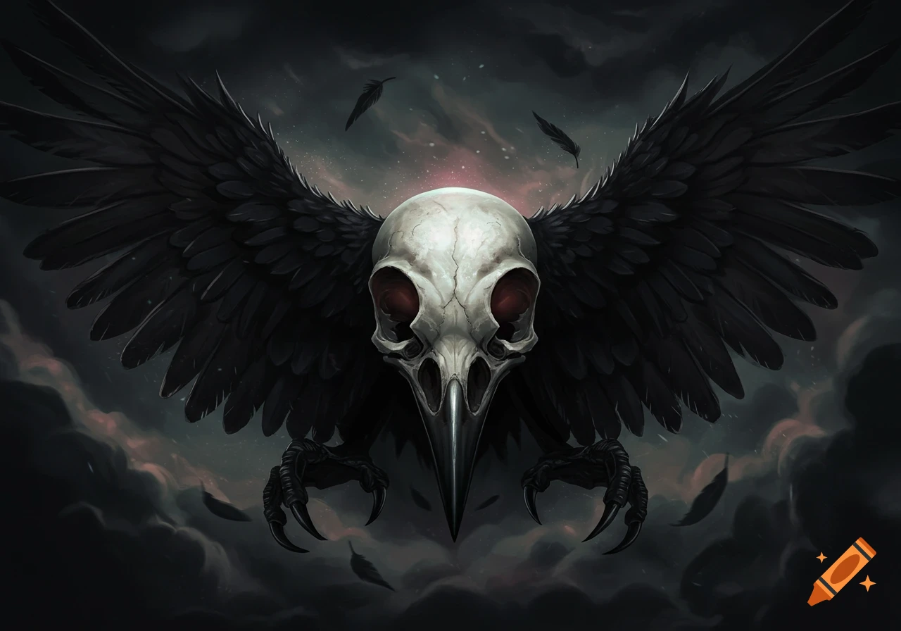 A stylized raven skull with red eyes and a long beak, flanked by large black wings and talons, against a dark, cloudy sky.