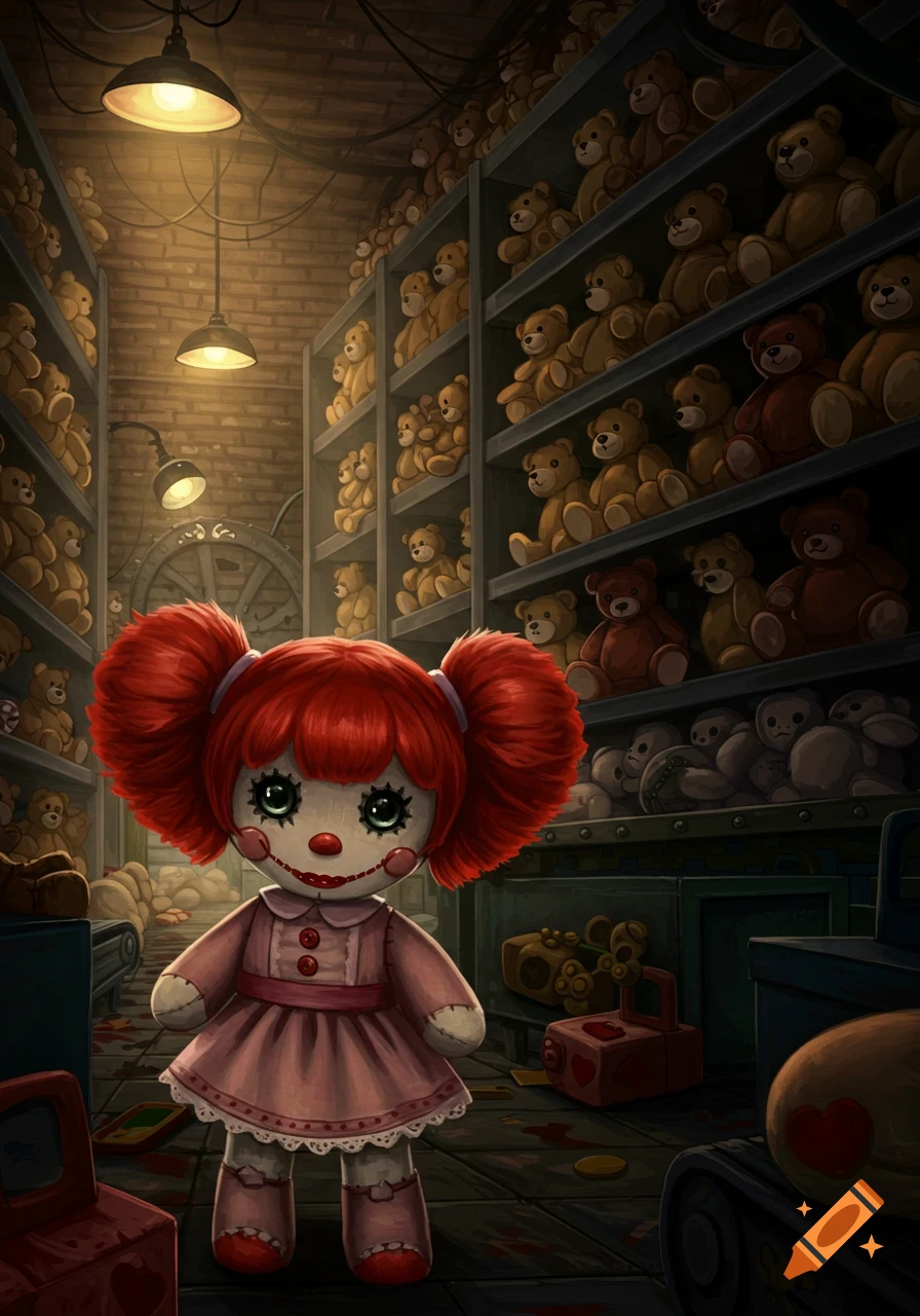 A creepy rag doll with red pigtails and a stitched smile stands in a dark, cluttered warehouse filled with shelves of teddy bears.