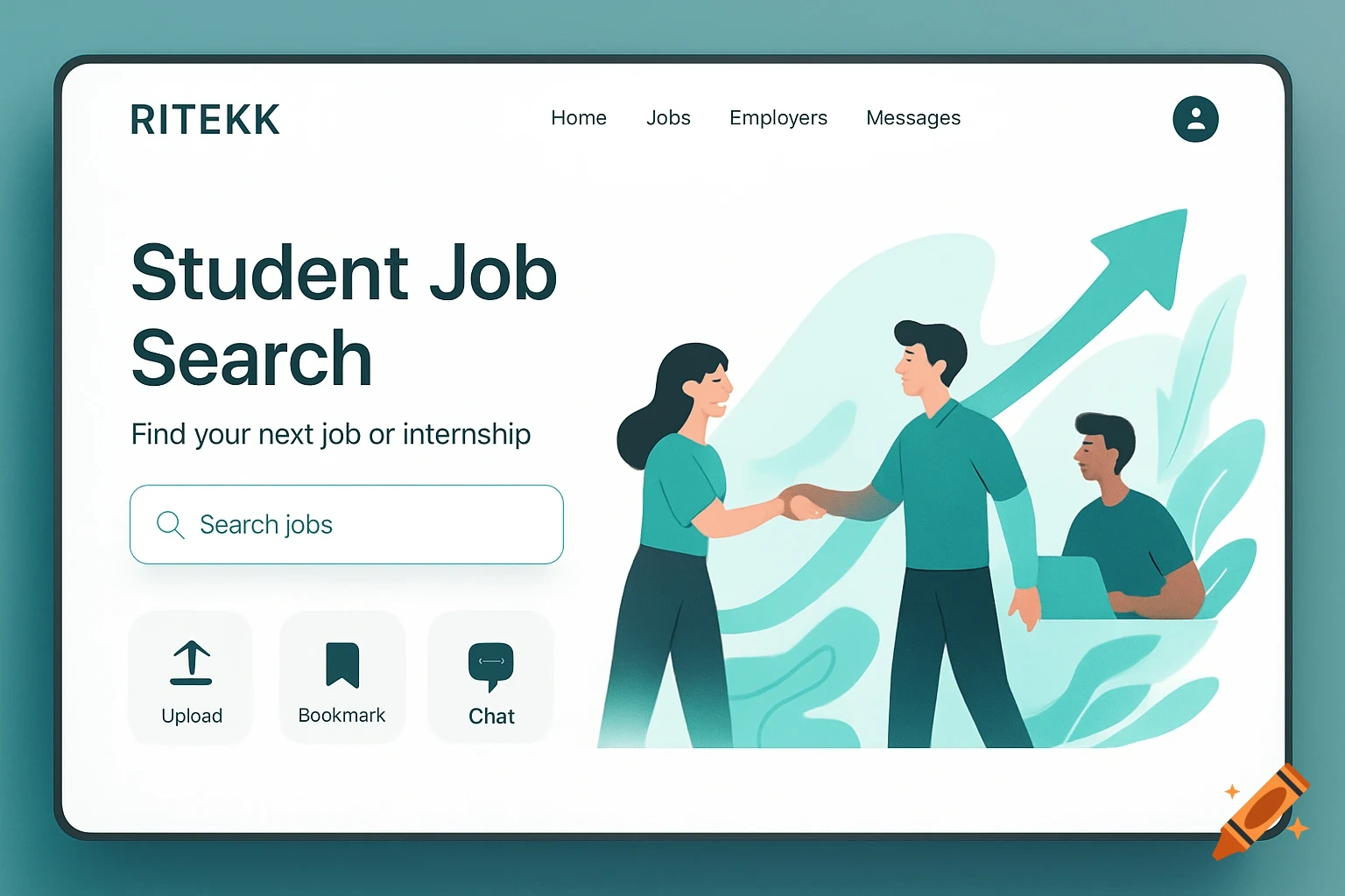 A modern flat illustration of a student job search website interface with text 'RITEKK Student Job Search' and people shaking hands.