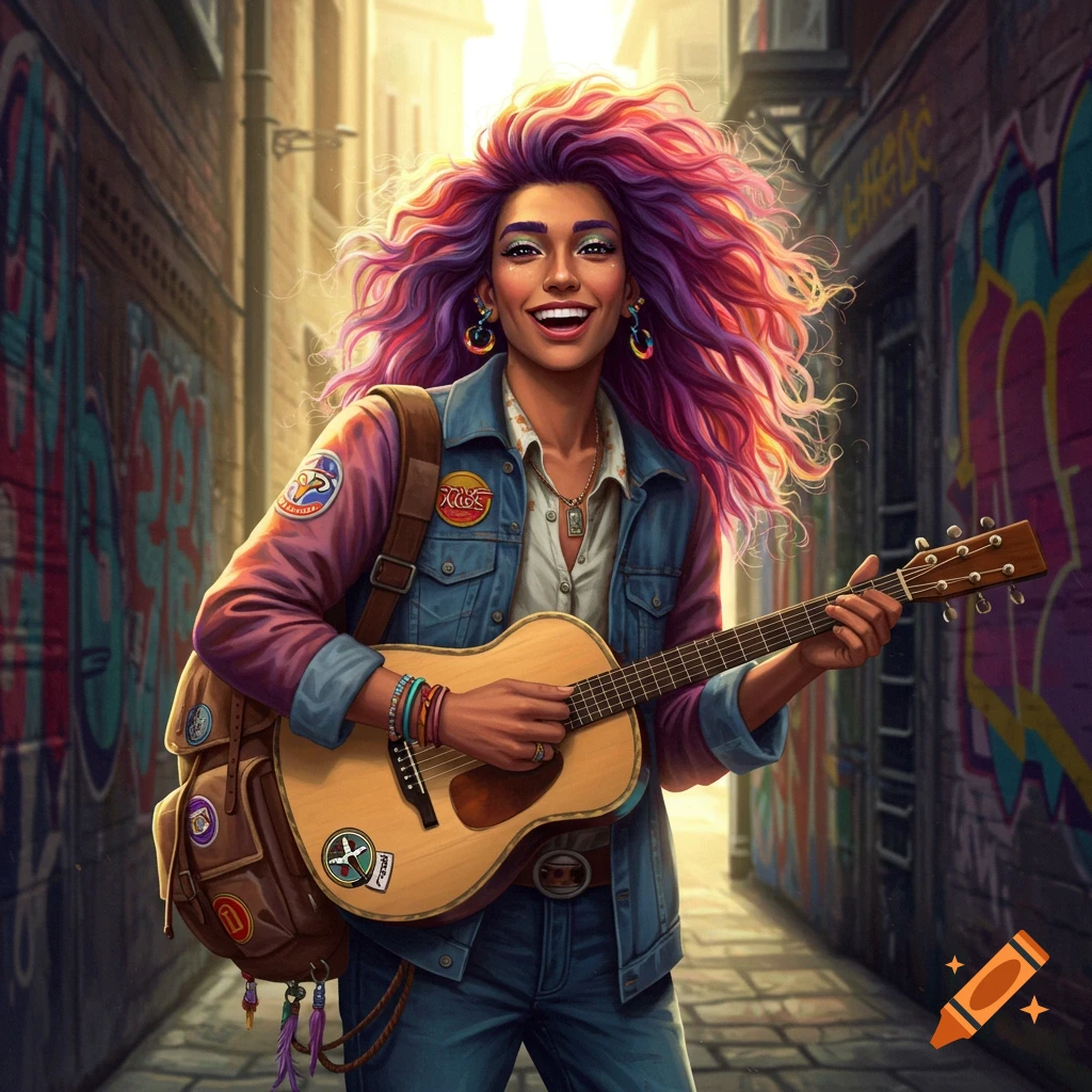 Vibrant illustration of a person with colorful purple and pink hair, playing an acoustic guitar in a graffiti-covered alley.