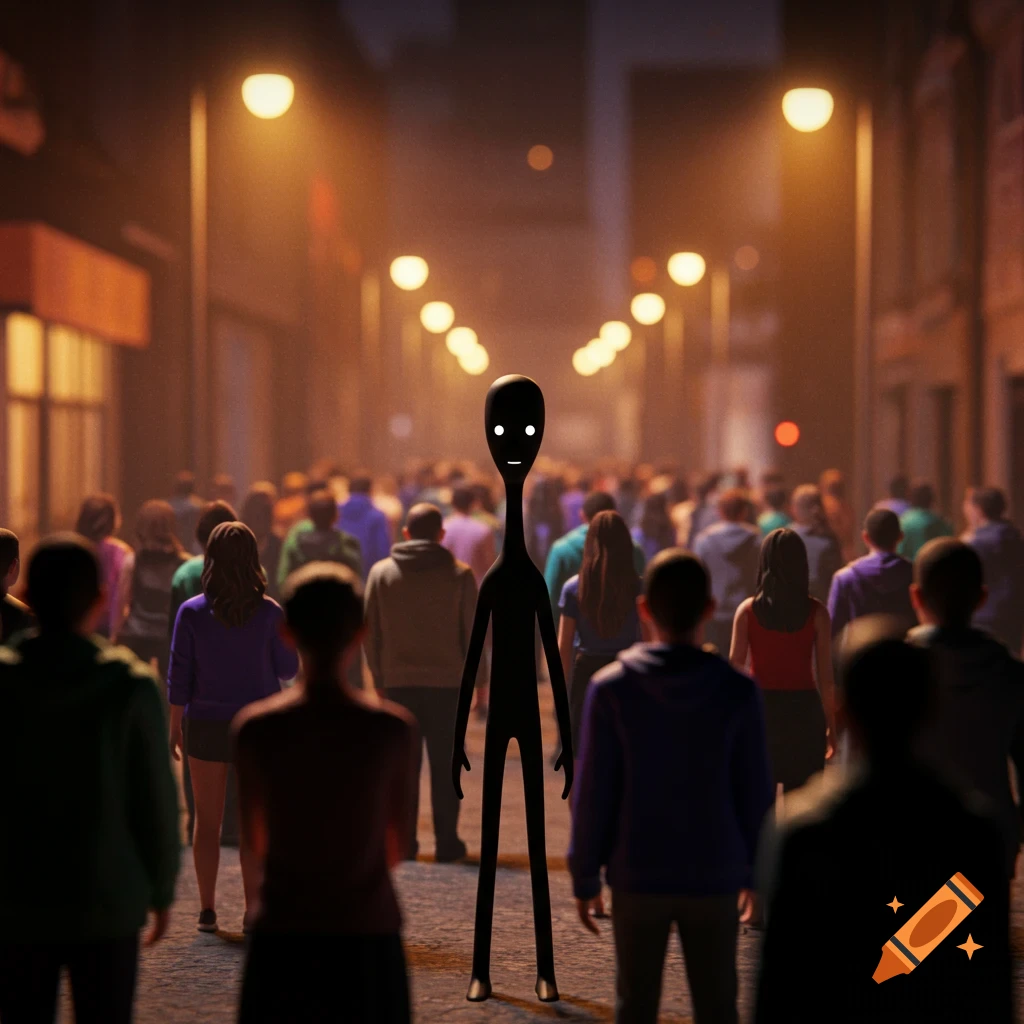 A tall, black, slender alien with white eyes stands amidst blurred people walking away on a dimly lit city street at night.