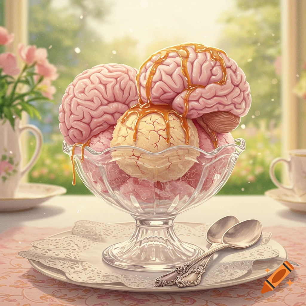A surreal sundae with pink brain-shaped ice cream scoops and caramel sauce in a glass dish, set on a table with teacups and flowers.