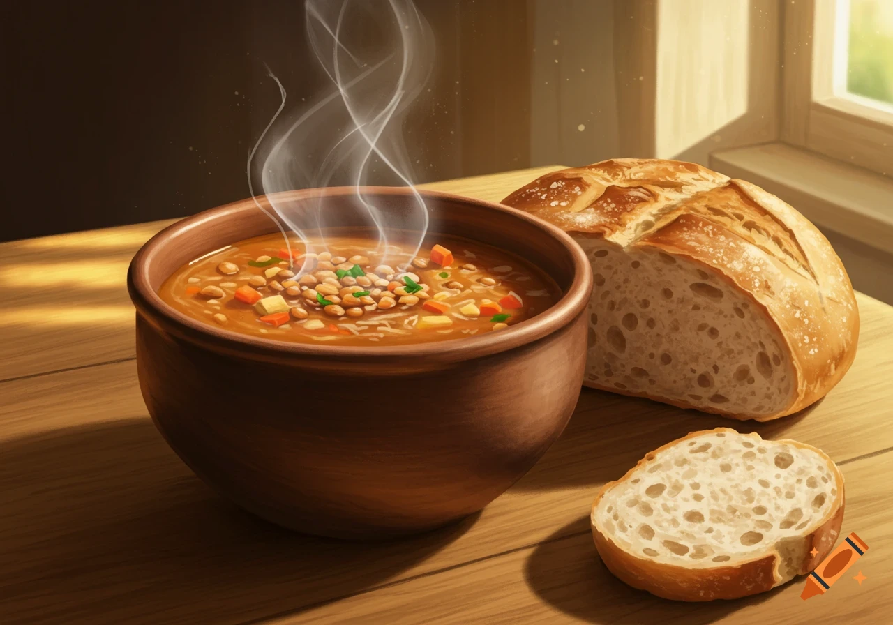 A steaming bowl of lentil soup next to a sliced loaf of bread on a wooden table by a window.