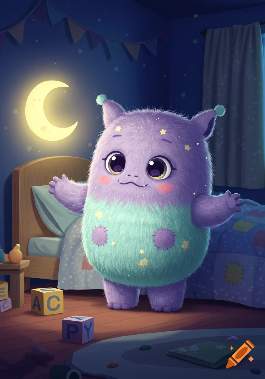 A cute, fluffy purple and teal monster with large eyes stands in a child's bedroom at night, illuminated by a crescent moon window.