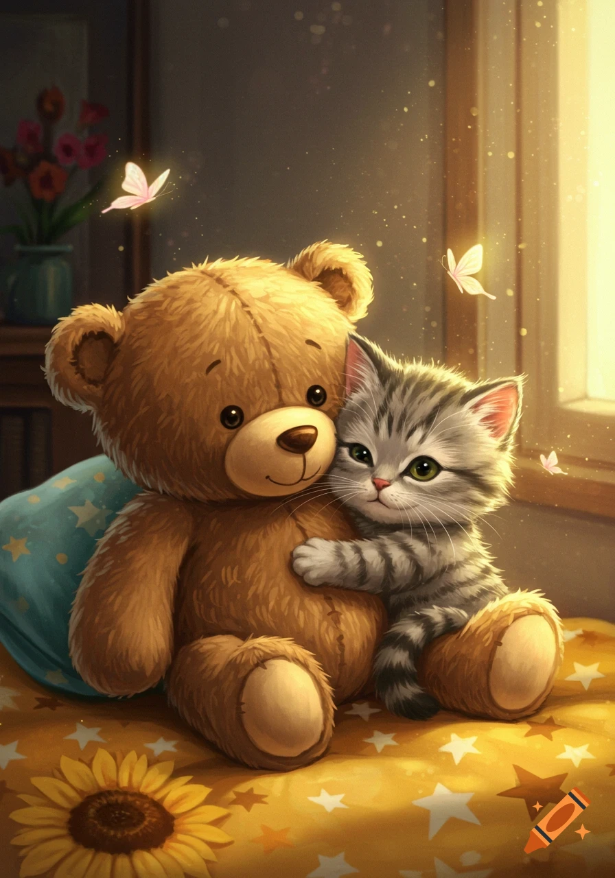 A cute tabby kitten with bright green eyes hugs a brown teddy bear, sitting on a yellow blanket with white stars. Sunlight streams in from a window, with delicate butterflies floating around them.