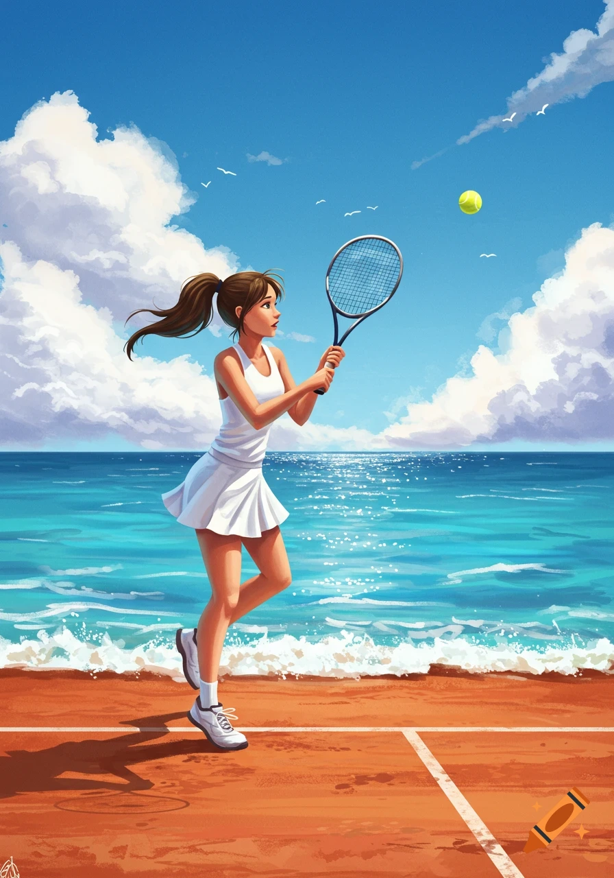 Cartoon illustration of a girl in a white tennis outfit on a clay court by the sea, ready to hit a tennis ball.