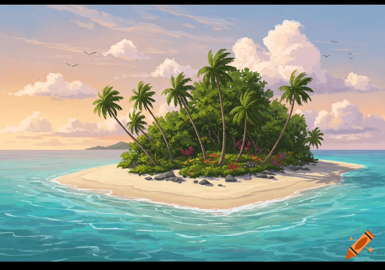An illustrated tropical island with palm trees, a sandy beach, and clear blue ocean under a partly cloudy sky.