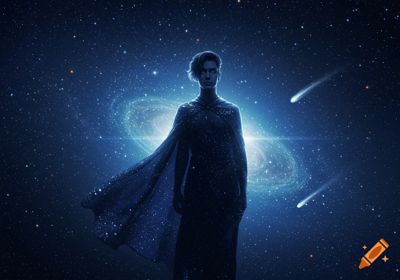 A person in a flowing cape stands silhouetted against a vibrant blue cosmic background with a bright galaxy and shooting stars.