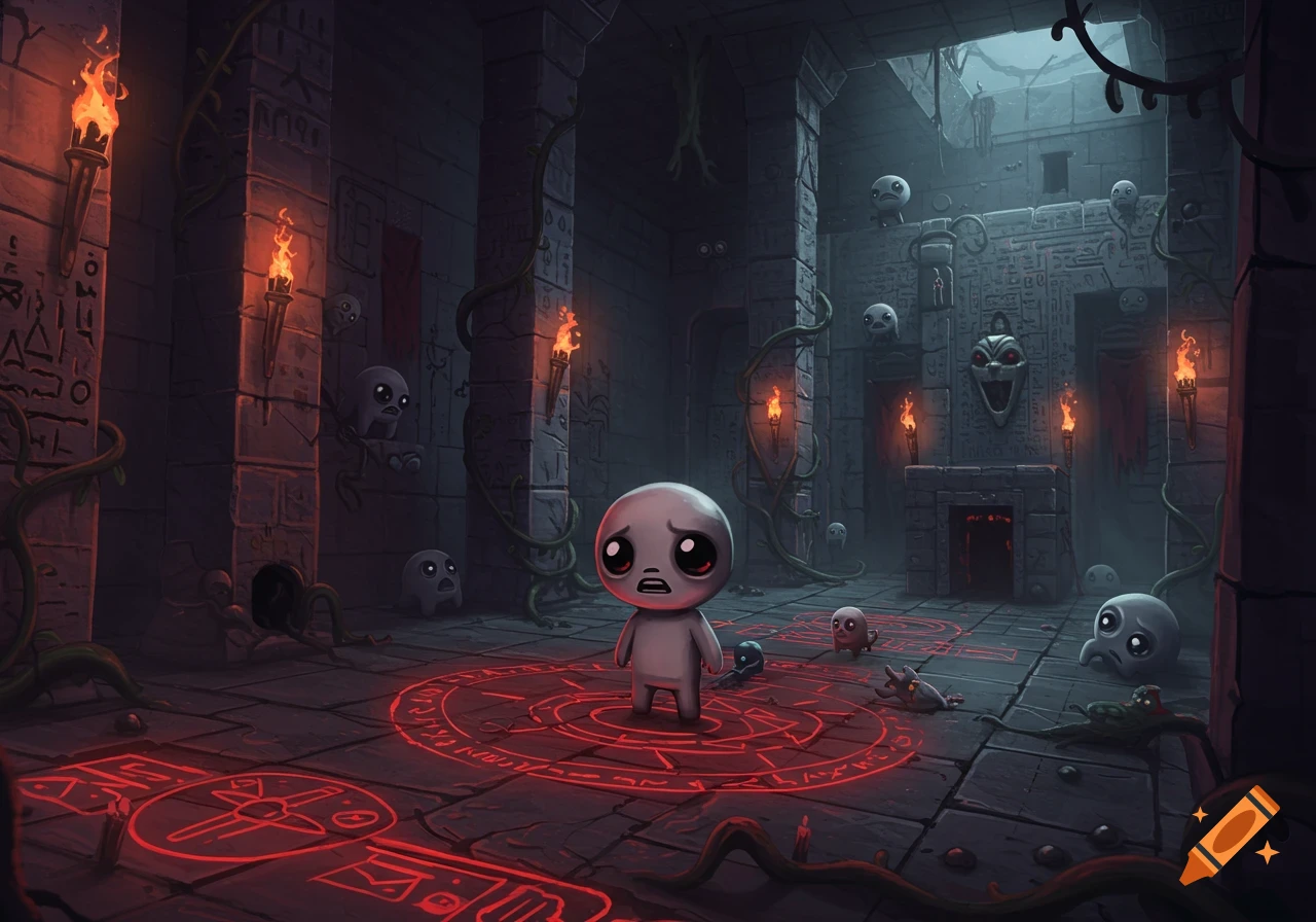 Isaac from The Binding of Isaac stands on a glowing red sigil in a dark, torch-lit dungeon surrounded by crying ghost-like creatures and ancient symbols.