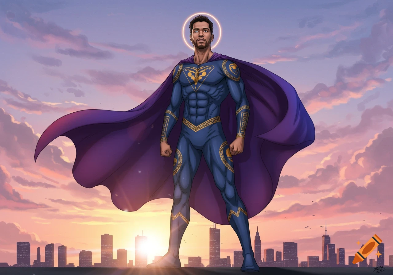 A male superhero in a blue suit with gold patterns and a purple cape stands against a city skyline at sunset.