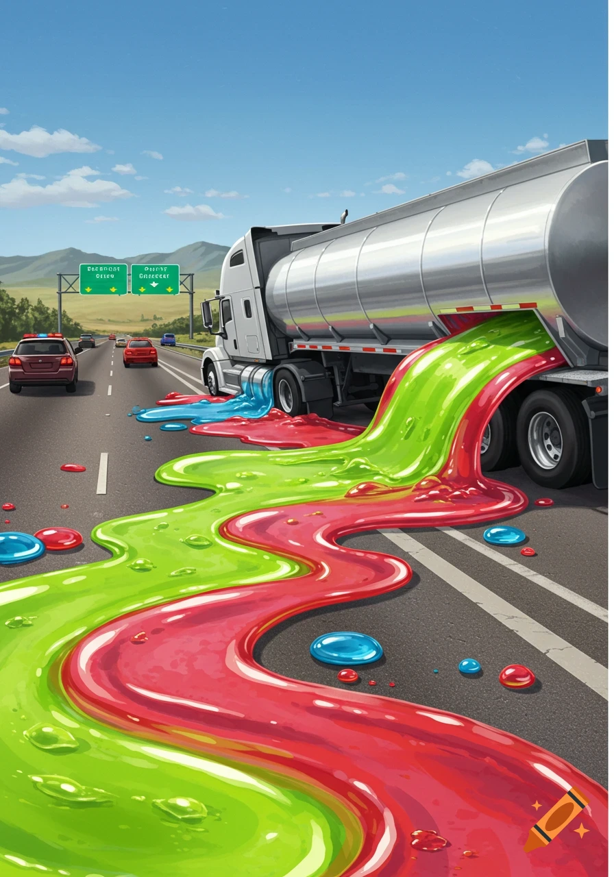 A tanker truck spills green and red jello across a busy US interstate highway, causing traffic to slow.