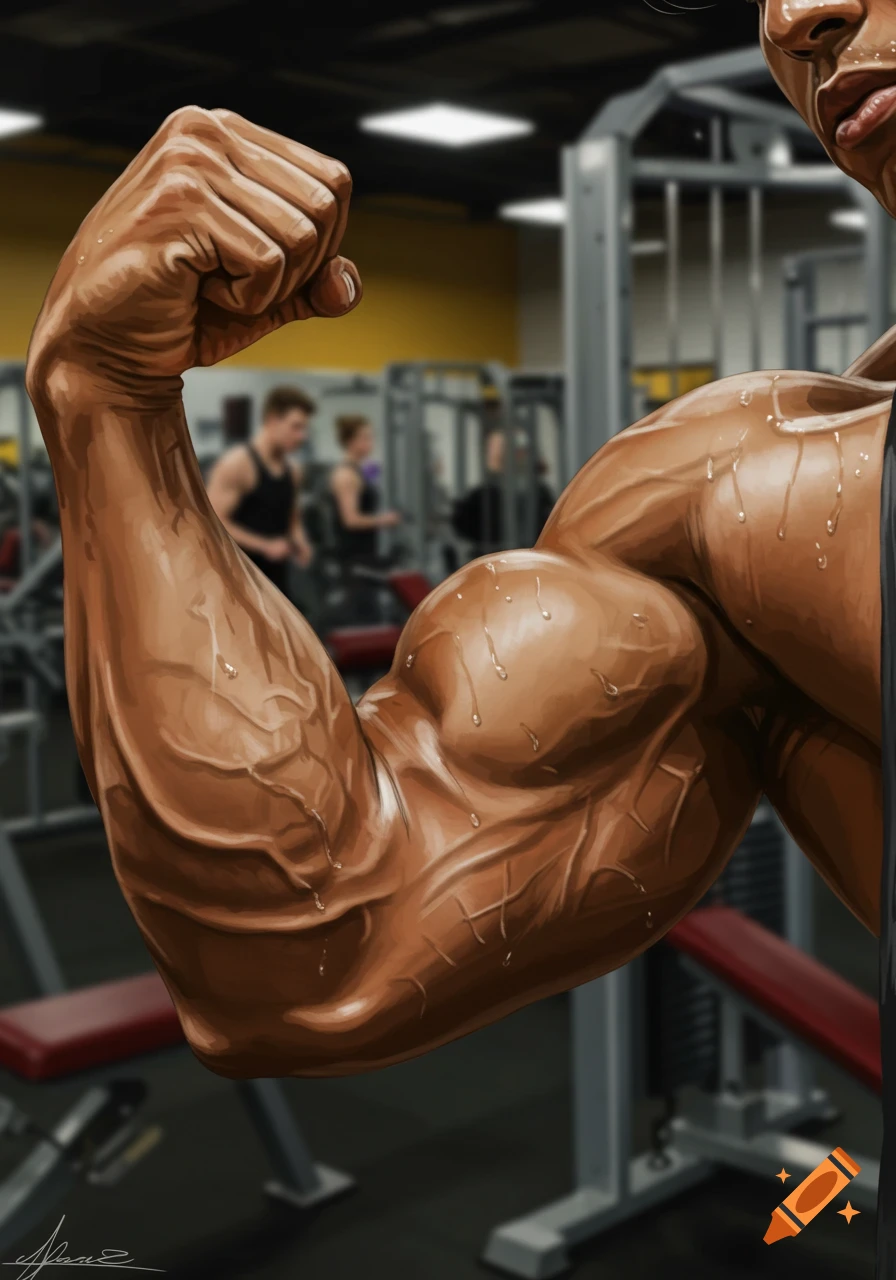 Close-up of a muscular, sweating man flexing his bicep in a gym.