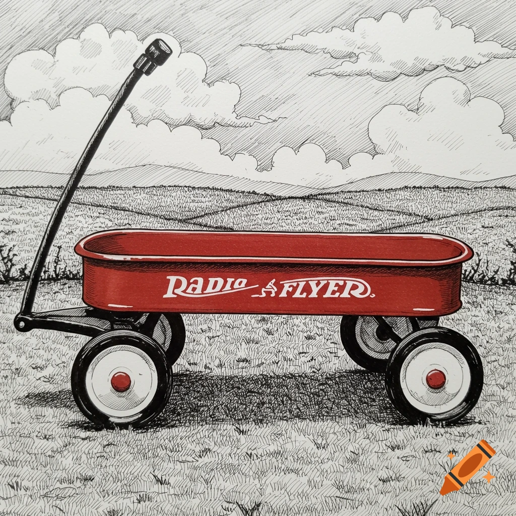 A fine line drawing of a red Radio Flyer wagon sitting in a grassy field under a cloudy sky.