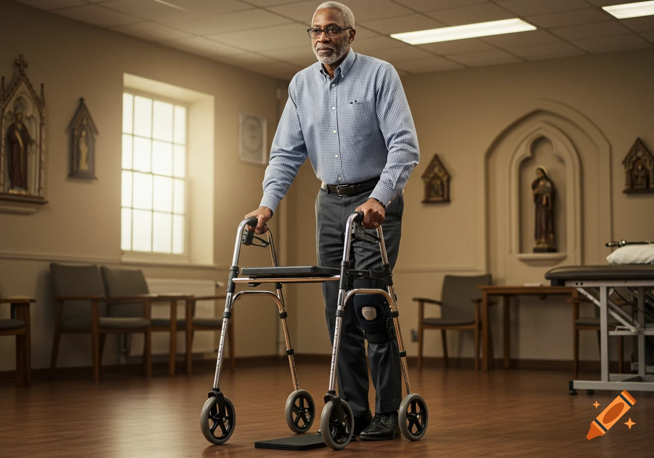 An older Black man, with a leg brace and using a walker, stands in a therapy room with church-like architectural details.
