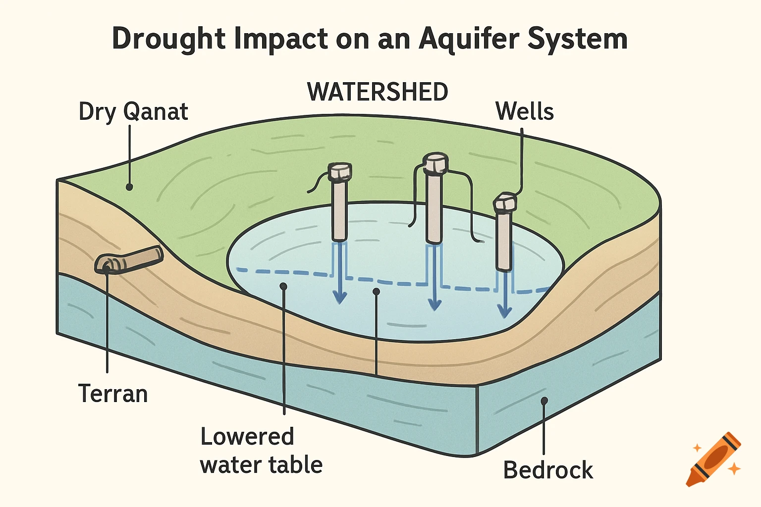 Schematic diagram showing drought impact on an aquifer system with a watershed, dry qanat, wells, lowered water table, terrain, and bedrock.