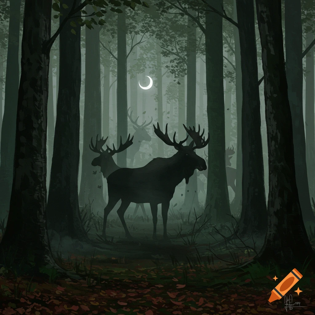 Stylized digital painting of moose silhouettes in a dark, misty forest under a crescent moon.