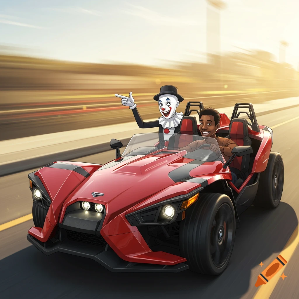 A smiling cartoon black man drives a red Polaris Slingshot with a clown passenger pointing forward on a sunny road.