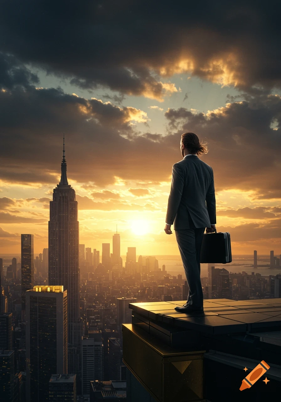A man in a suit stands on a skyscraper rooftop, looking out at a sprawling city skyline bathed in the golden light of sunset.