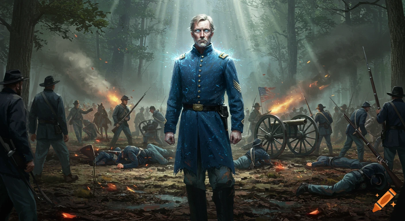An immortal soldier with glowing eyes stands powerfully in the center of a chaotic American Civil War battle in a dark forest, surrounded by fighting and fallen soldiers.