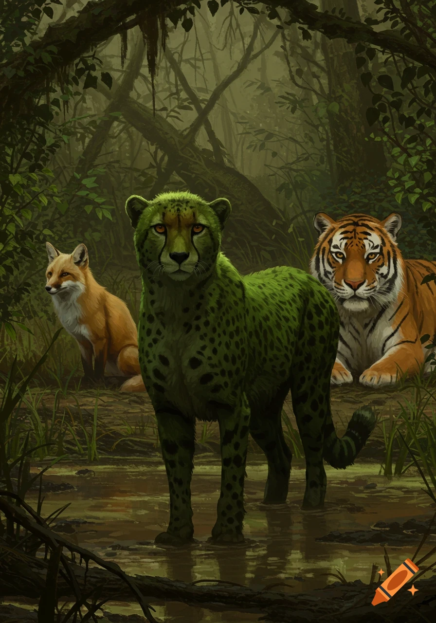 A dark green cheetah stands in a muddy jungle swamp, with a brown fox and an orange tiger behind it. Detailed digital painting.