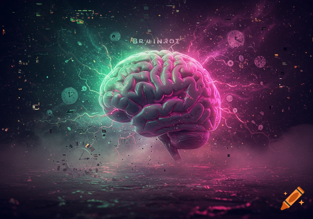 A glowing brain, neon green and pink, floats in a dark, abstract digital space with scattered clocks and energy lines.