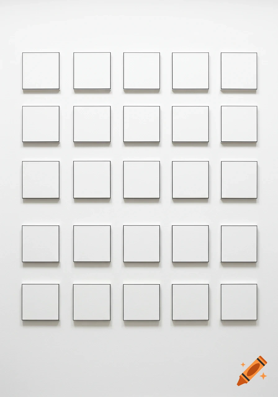 A minimalist arrangement of 25 blank white squares with thin black frames, evenly spaced on a white wall.