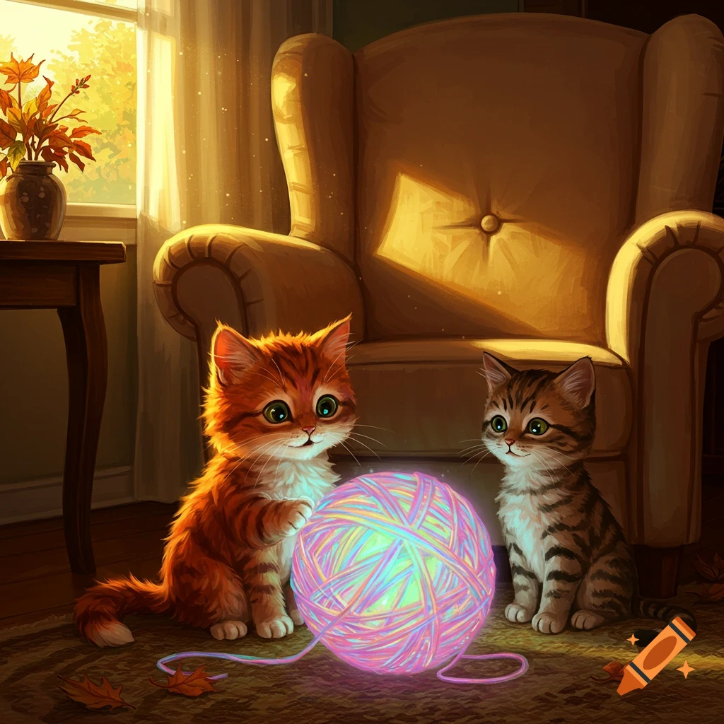 Two adorable kittens, one orange tabby and one striped, play with a large glowing rainbow yarn ball in a cozy, sunlit room.