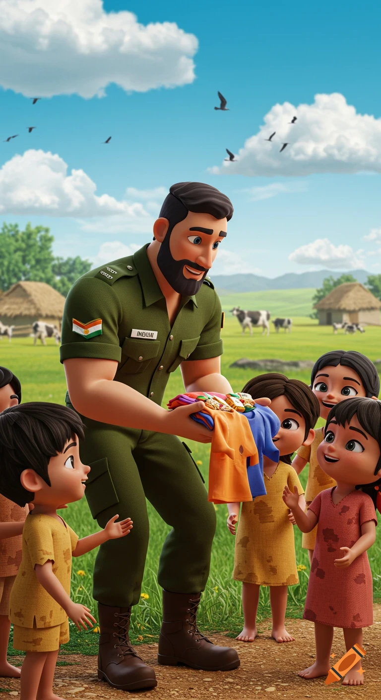 A muscular 3D cartoon Indian soldier with a beard gives colorful clothes to several smiling children in a sunny village setting with cows and huts.