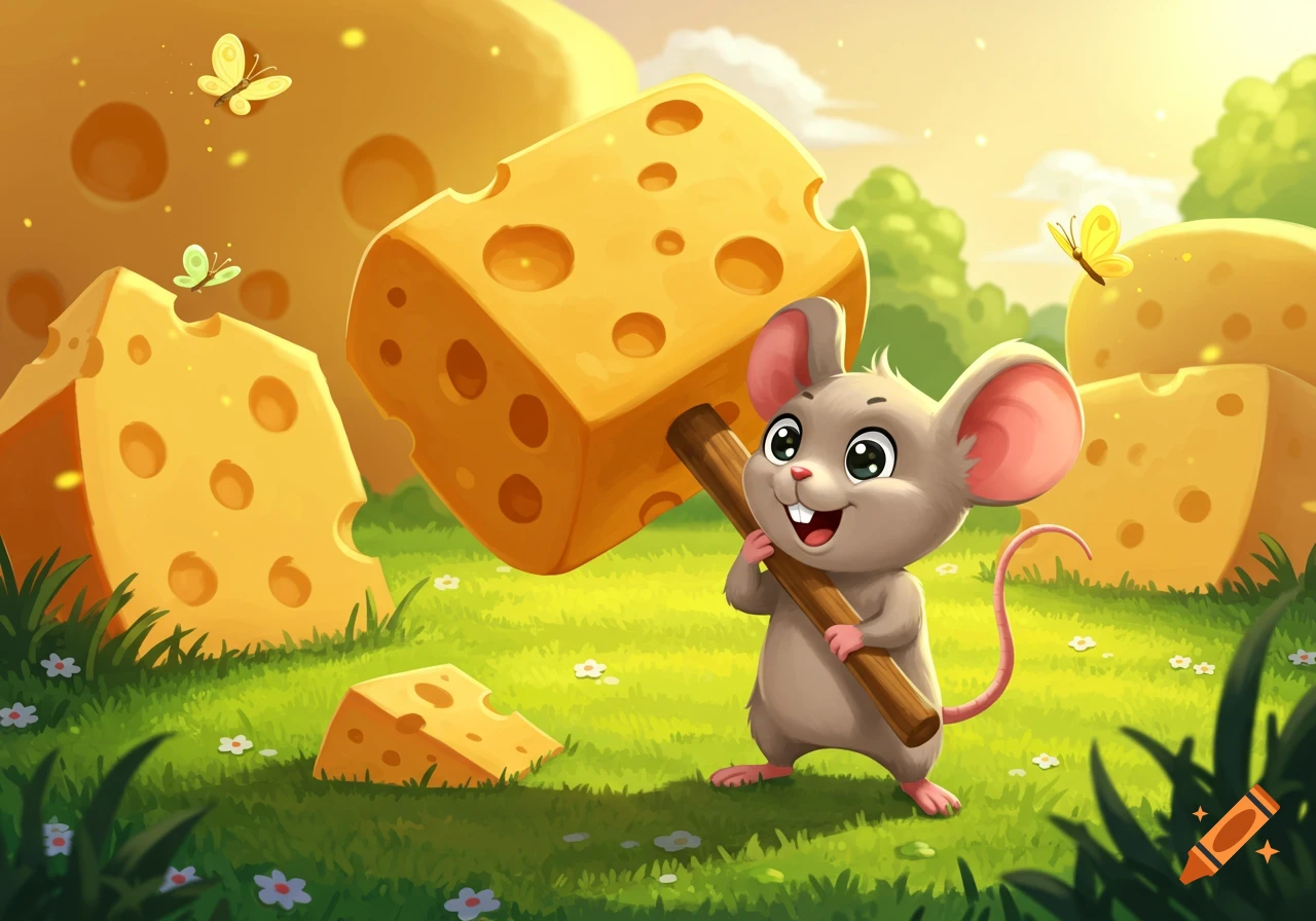 A cute cartoon mouse holds a giant cheese block like a hammer in a green field with butterflies and more cheese.