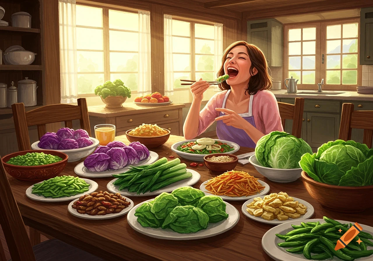 Happy woman eating a large meal of green and purple vegetables with chopsticks at a wooden table in a sunlit kitchen.