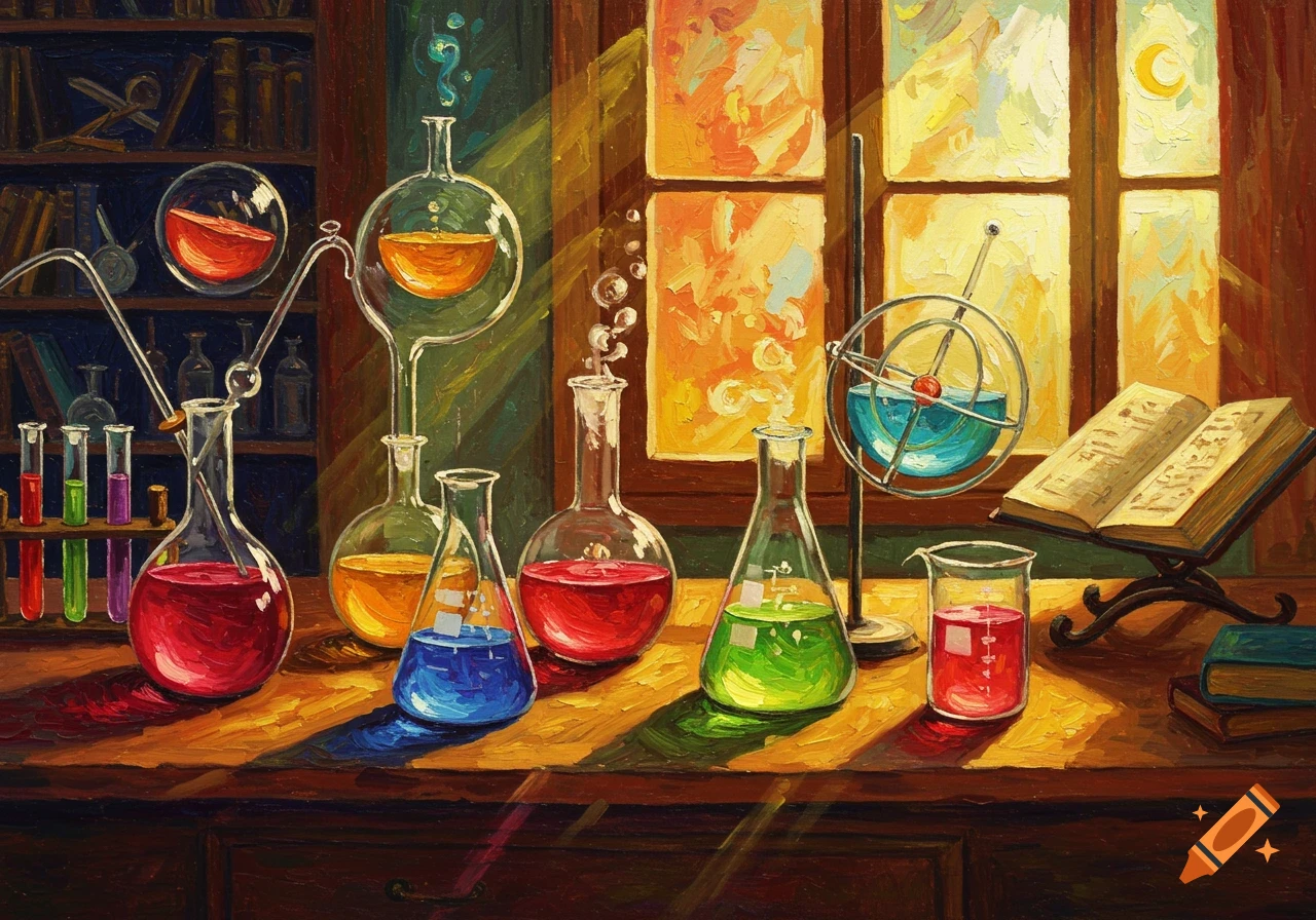A Van Gogh style painting of a vibrant laboratory scene with beakers, flasks, and test tubes filled with colorful liquids on a wooden table.