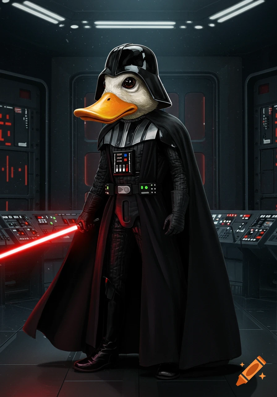 A duck with an orange bill and white feathers wears a Darth Vader costume, holding a red lightsaber in a dark sci-fi control room.