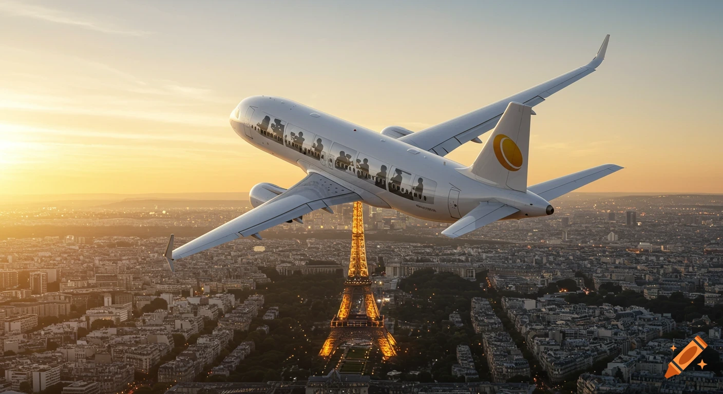 A white airplane soars over Paris at sunrise, with the illuminated Eiffel Tower visible below a sprawling city.