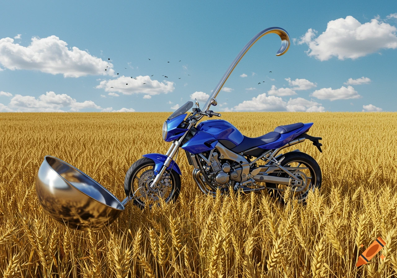 A blue motorcycle and a large silver ladle stand in a golden wheat field under a blue sky with white clouds and flying birds.