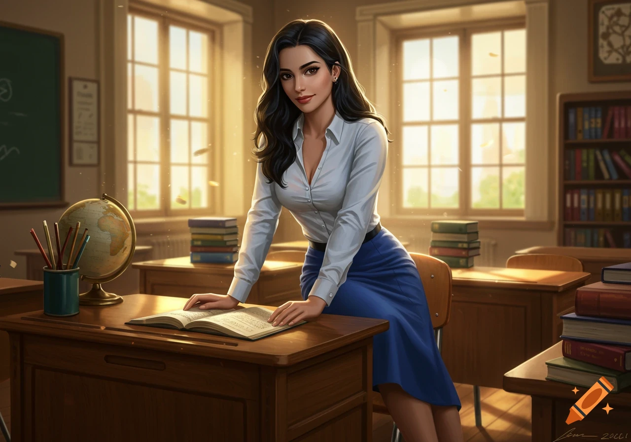 A dark-haired woman in a white shirt and blue skirt leans on a wooden desk with an open book in a sunlit classroom, digital art.