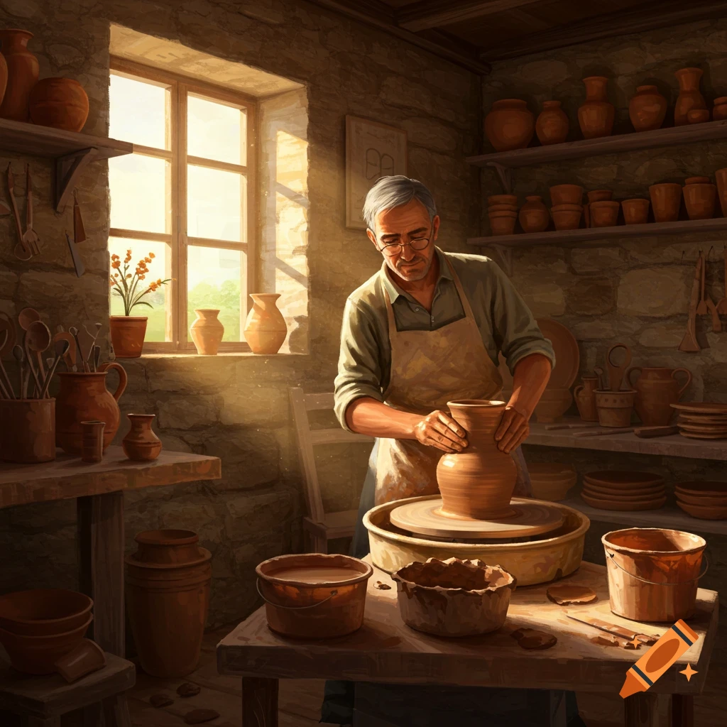 An old man makes a pot on a pottery wheel in a rustic, sunlit workshop filled with clay vessels.