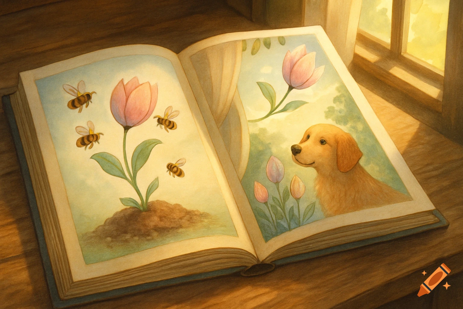 An open storybook lies on a wooden surface, showing watercolor illustrations of a tulip with bees and a smiling golden retriever puppy with tulips by a window.
