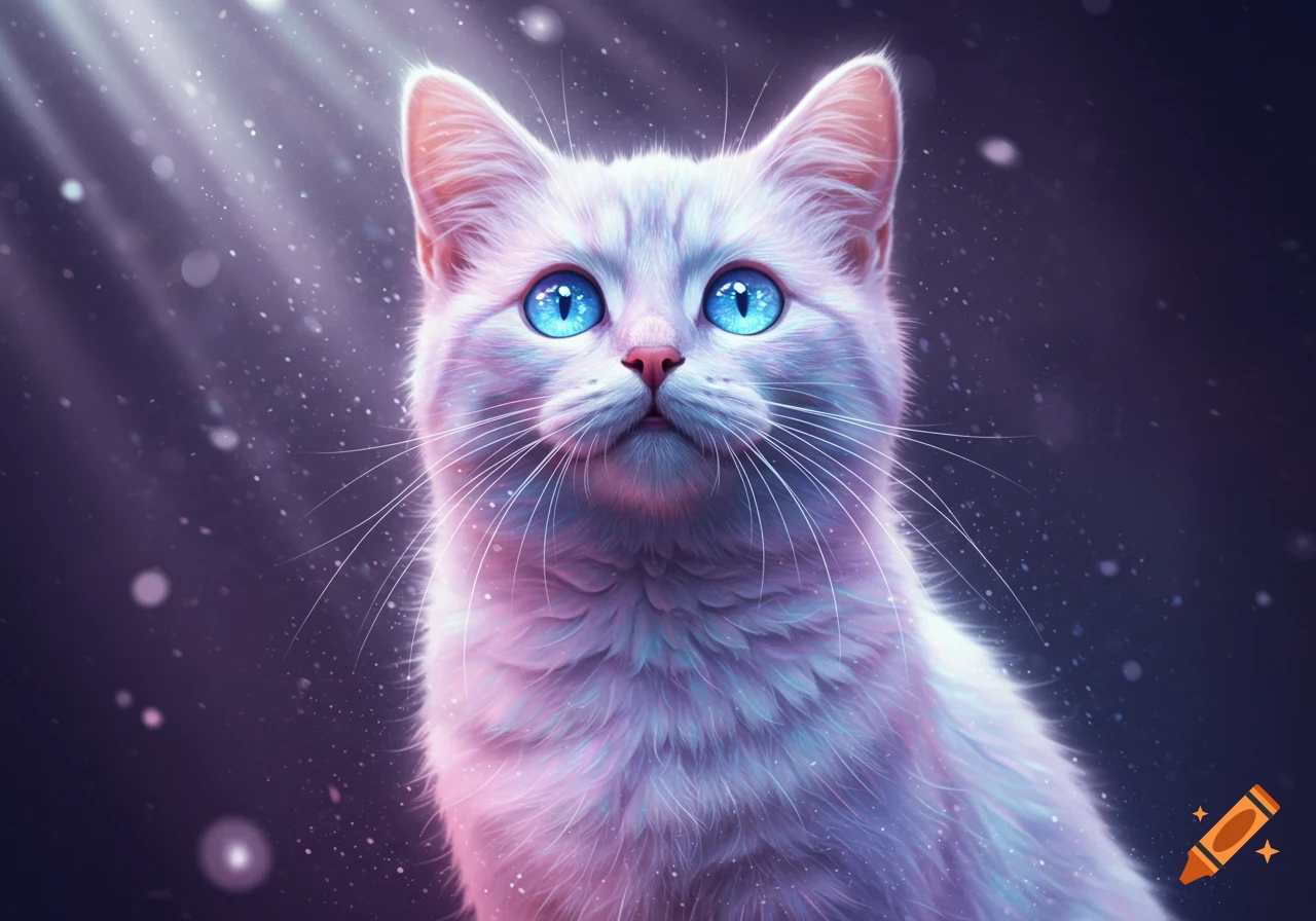 Close-up of a majestic white cat with luminous blue eyes, glowing fur, and a sparkling dark purple background in a fantasy style.