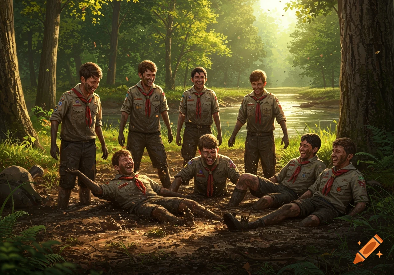 A group of young scouts covered in mud are laughing and playing in a sunny forest by a river, photorealistic.