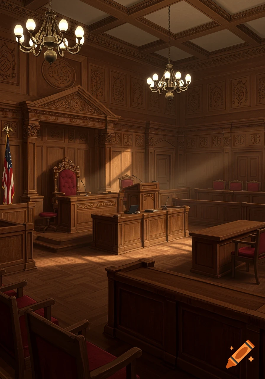 Ornate wooden courtroom interior with chandeliers, a judge's bench, an American flag, and sunlight streaming through a window.