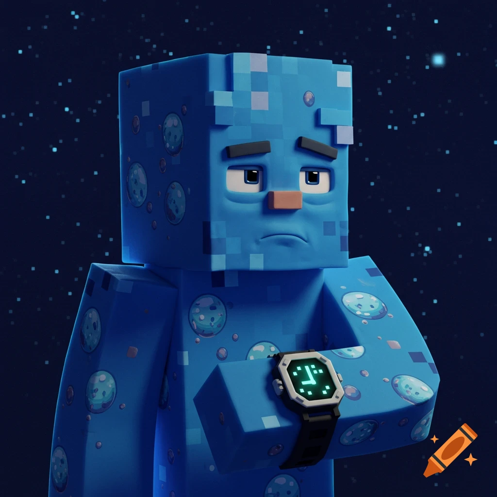 Blocky blue Minecraft-style character with planet-like spheres on its body, looking bored and checking a digital watch against a starry dark blue background.