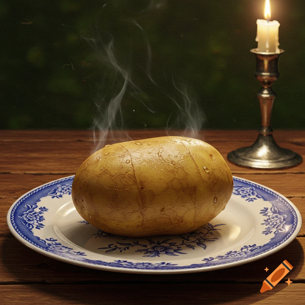 A steaming baked potato on a blue and white patterned plate on a rustic wooden table, next to a lit candle in a silver holder.