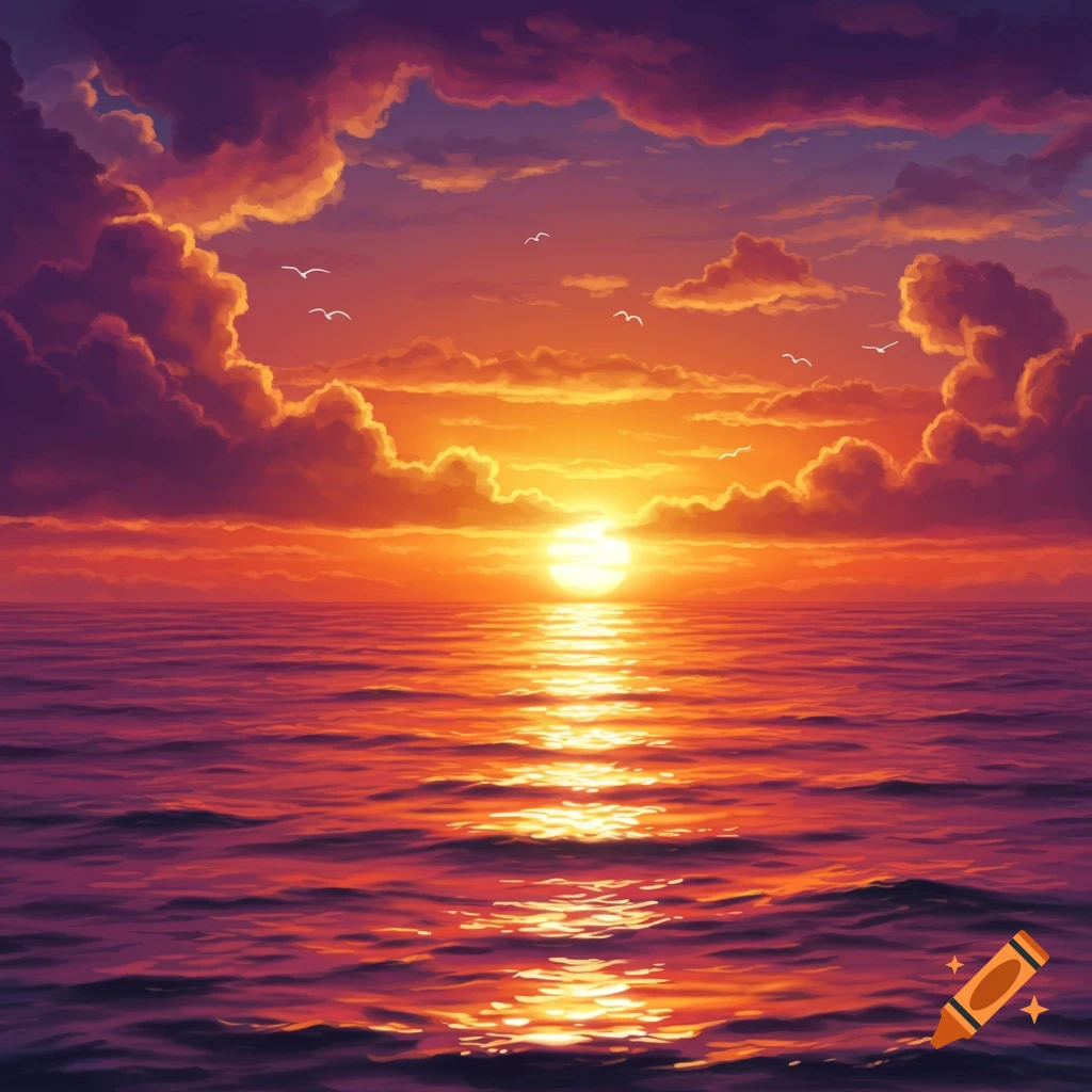 A vibrant sunset over a calm ocean, with orange and purple clouds and the sun reflecting on the water.