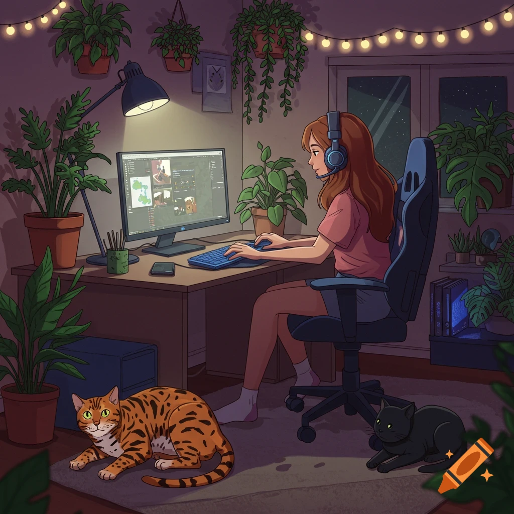 A cartoon girl with brown hair and a headset sits at a desk, typing on a computer. Two cats, one orange tabby and one black, lie on the floor. The room is decorated with many potted plants and string lights, creating a cozy atmosphere.