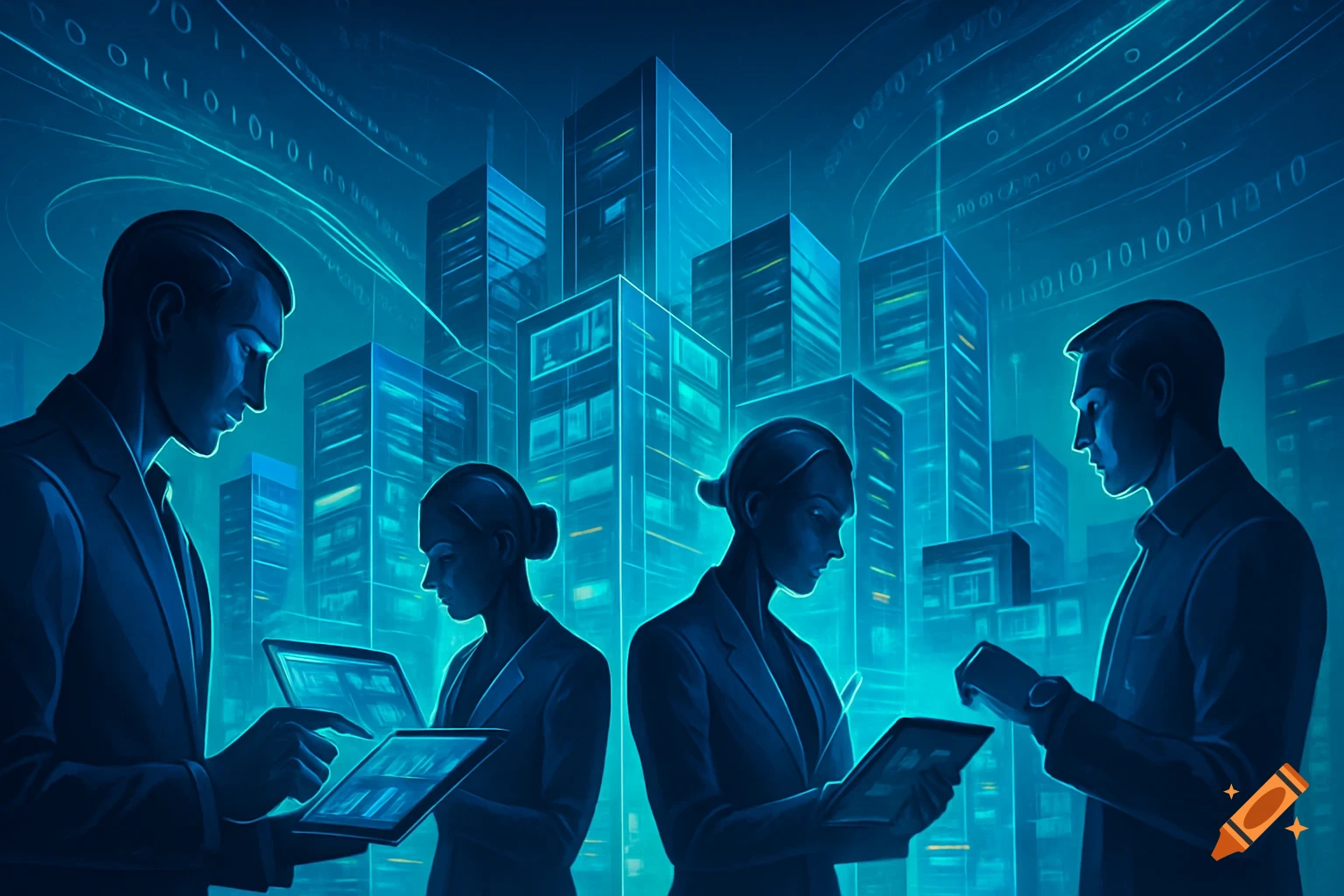 Four silhouetted business people interact with glowing tablets in a futuristic blue city with digital overlays, digital art style.