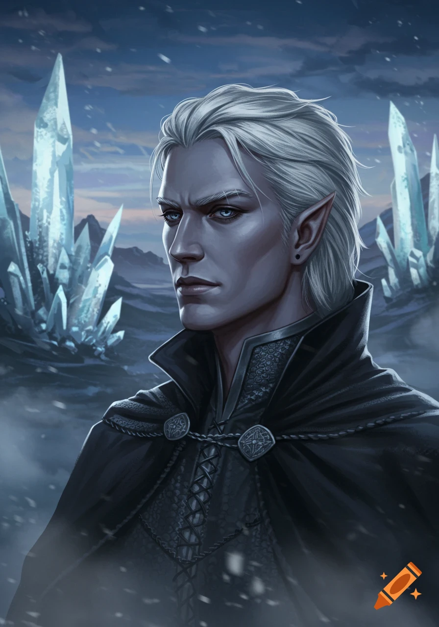 A solemn, pale-skinned elf with white hair and pointed ears wears a dark cape in a snowy, crystal-filled landscape.
