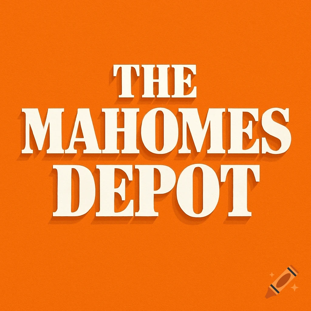 A parody logo for 'The Mahomes Depot' in white bold letters with shadows on an orange textured background.