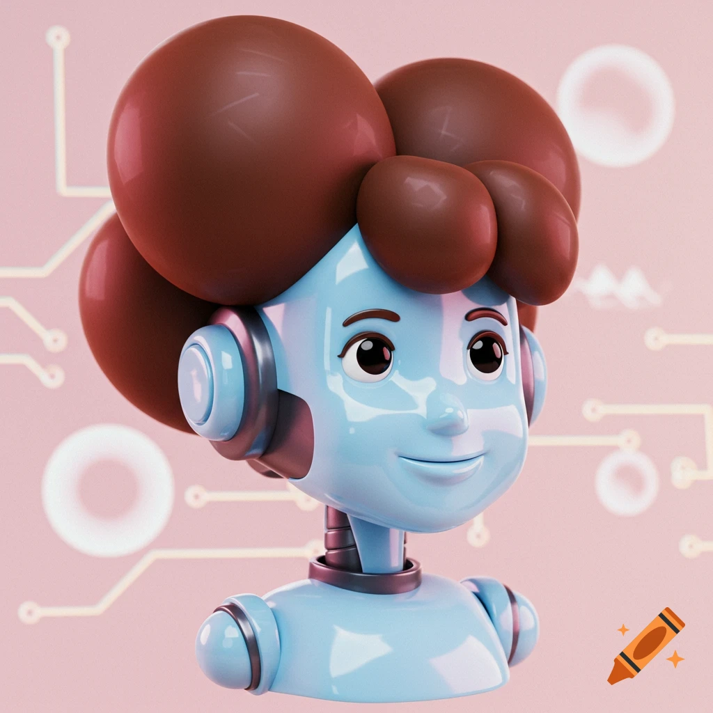 A 3D render of a smiling blue robot with large brown hair-like spheres and metallic ear parts, on a pink circuit-patterned background.